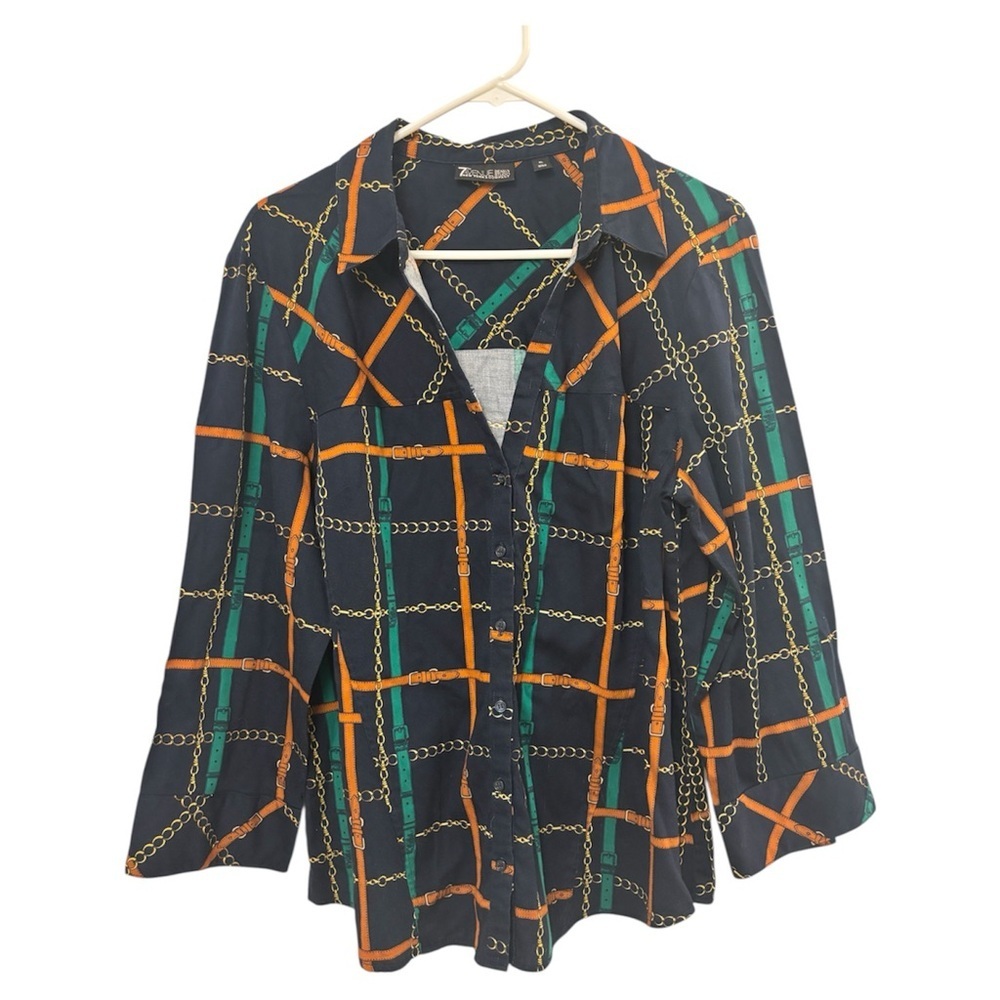 Stylish Women's Button Down Shirt - Black with Orange and Green Accents